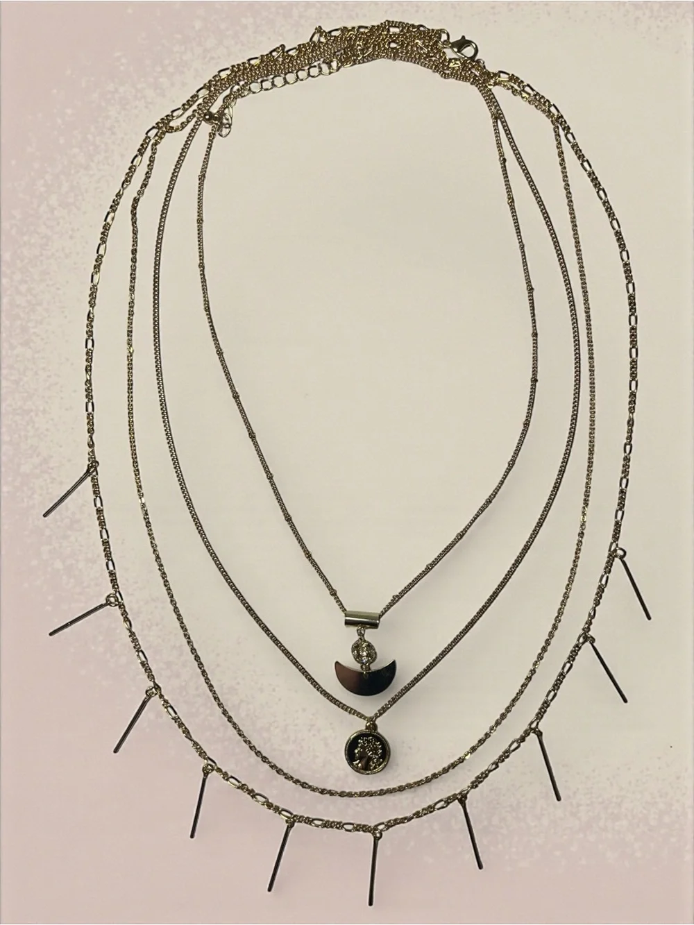 Gold 4 Layered Crescent & Coin Pendant Necklace Set - Picture 3 of 10